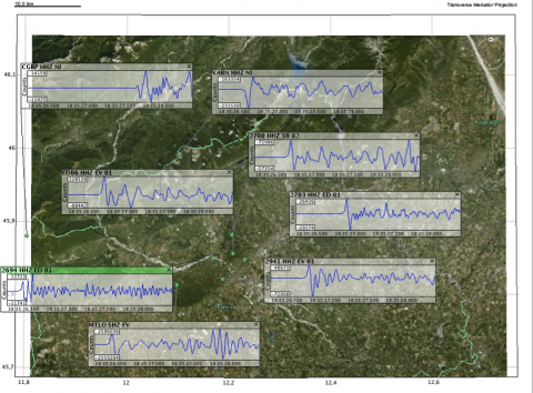 Figura 5a – Registrazione del terremoto avvenuto in località Farra di Soligo in data 13/09/2011 alle ore 18:35 (ML 3.7)
